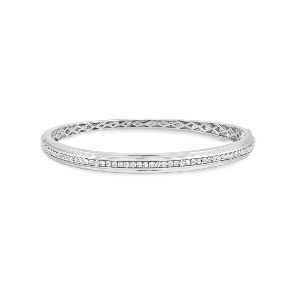 Classic Pave Grooved Edges Diamond Bangle with Lab Cut Diamond in 14KT White Gold view 1
