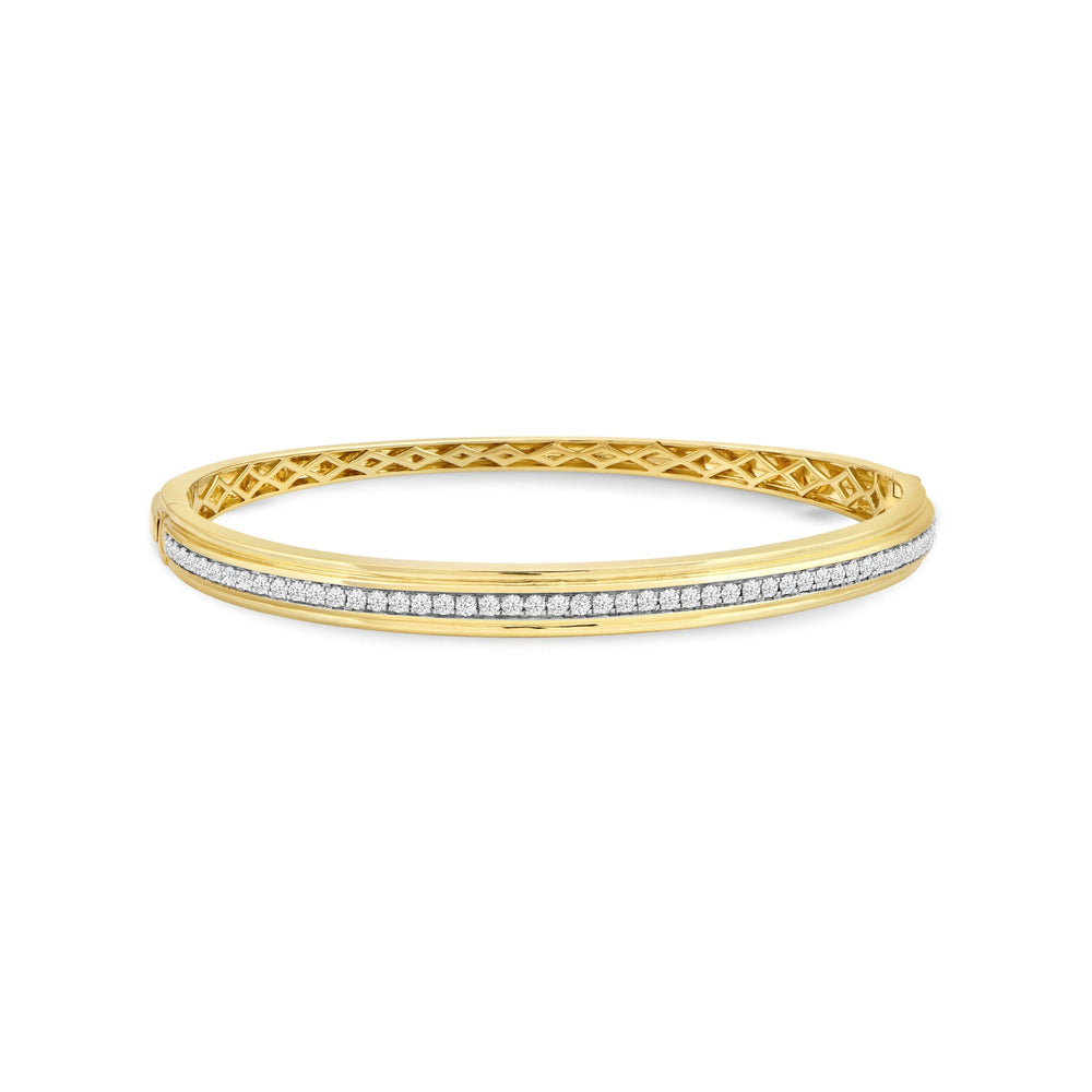 Classic Pave Grooved Edges Diamond Bangle with Lab Cut Diamond in 14KT Yellow Gold view 1

