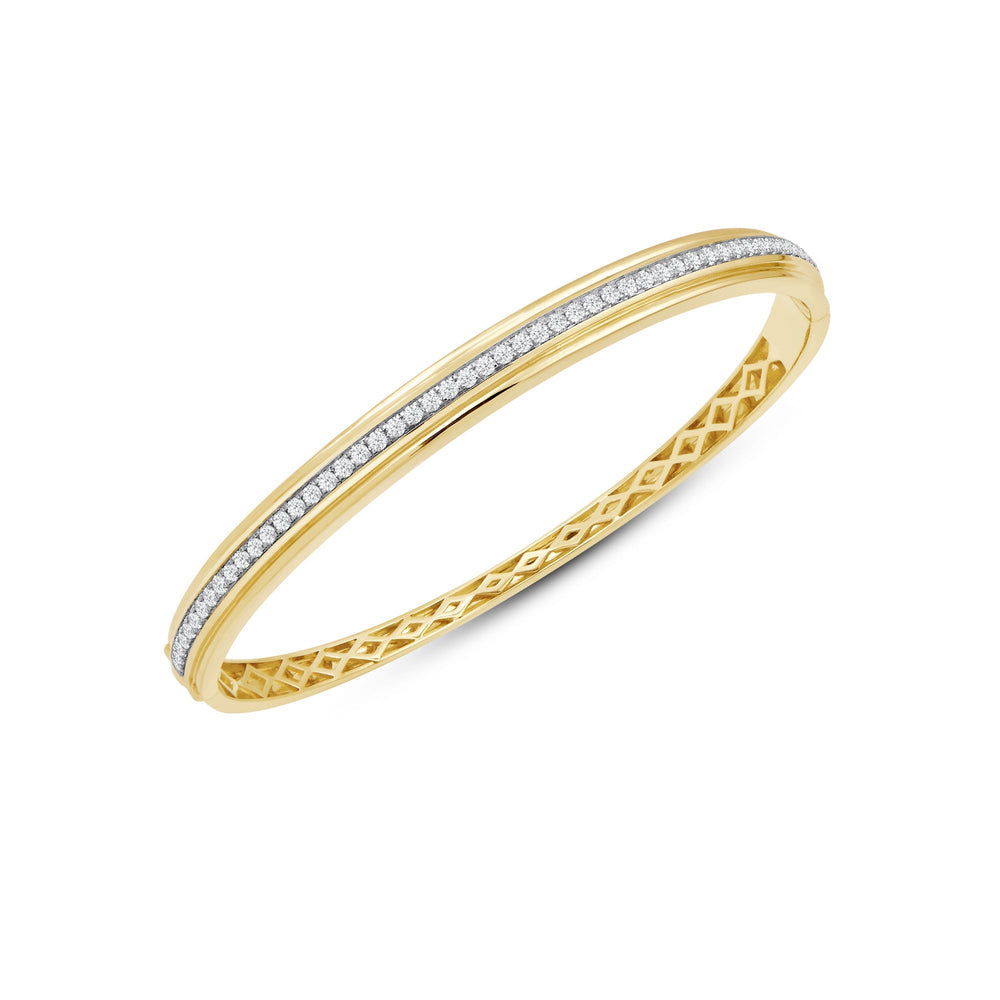 Classic Pave Grooved Edges Diamond Bangle with Lab Cut Diamond in 14KT Yellow Gold view 3
