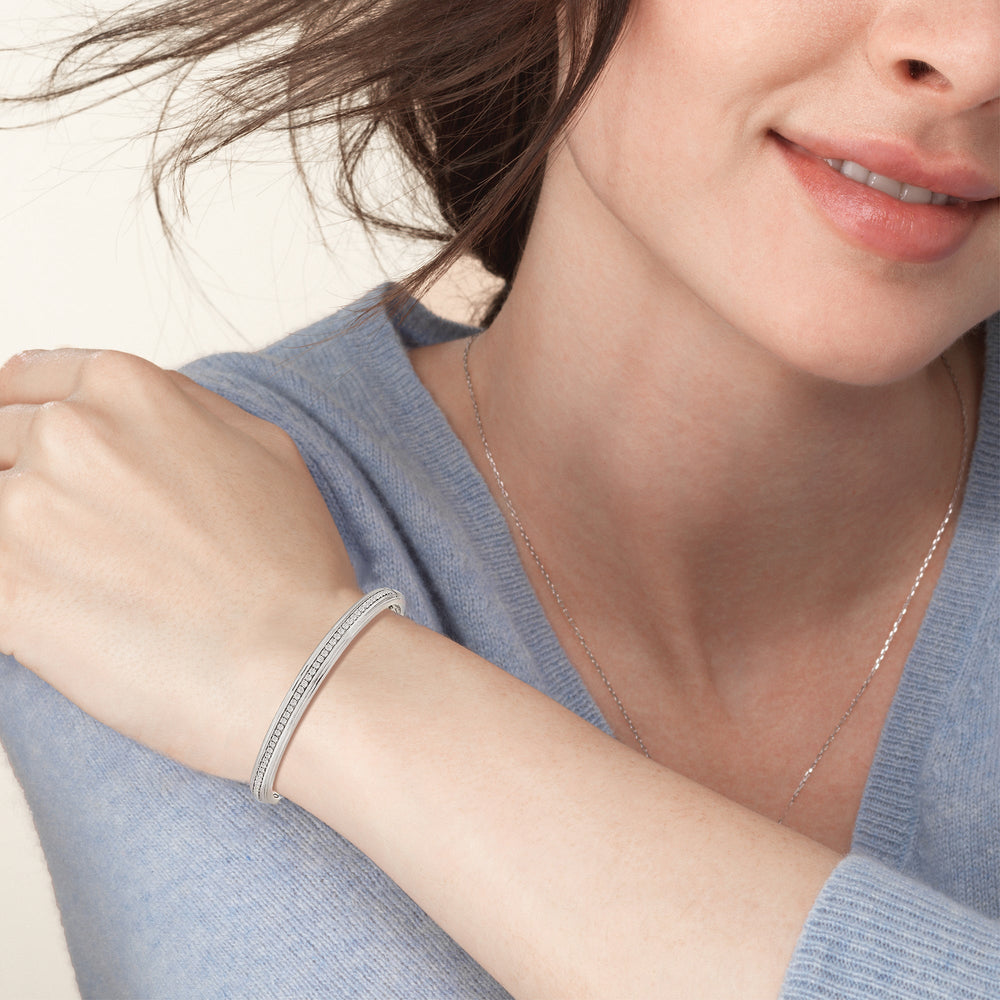 Model Wearing Classic Pave Grooved Edges Diamond Bangle view
