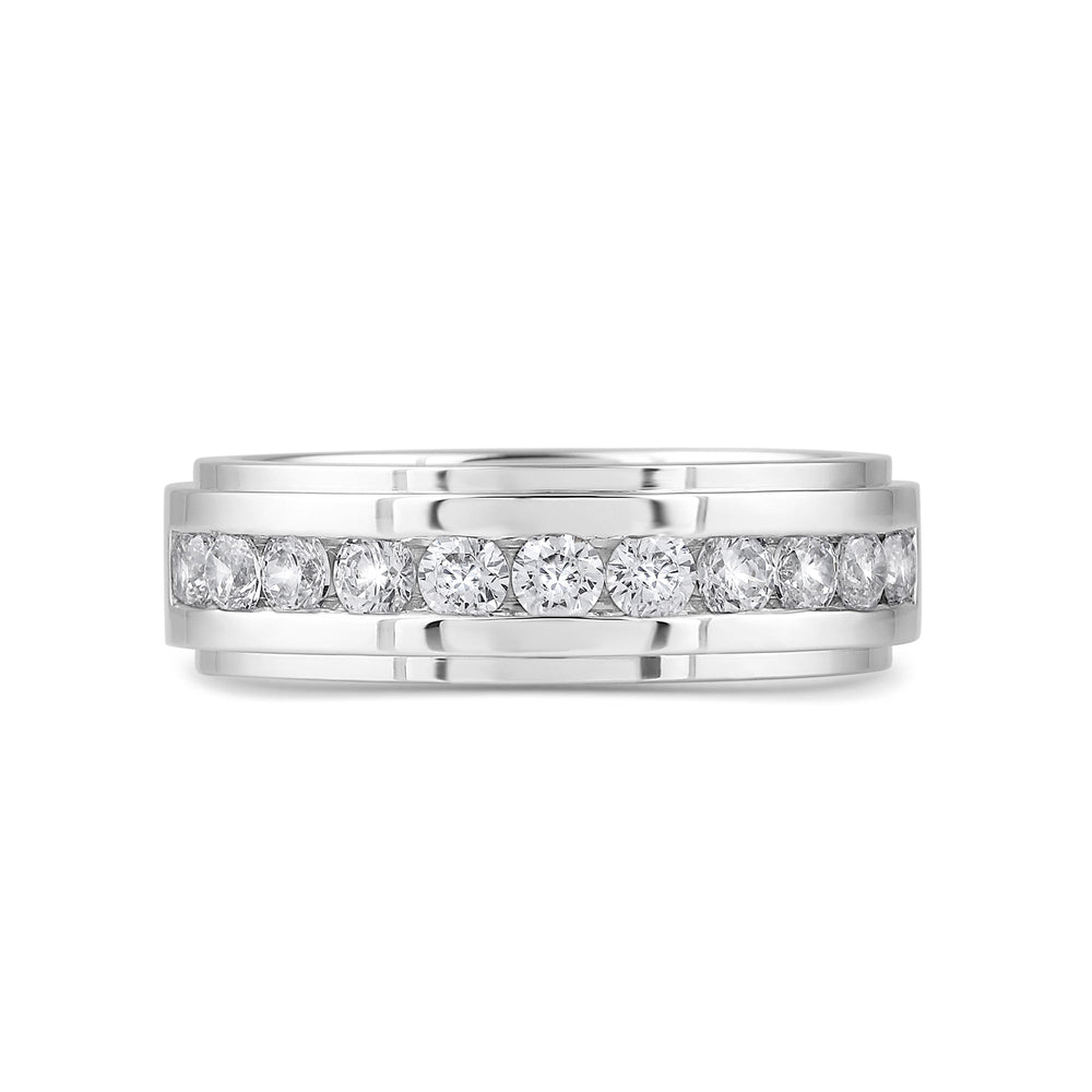 Channel Set Stepped Edge Classic Mens Band with 14KT White Gold / Lab / 1 Cut Diamond in 14KT White Gold / Lab / 1 view 1
