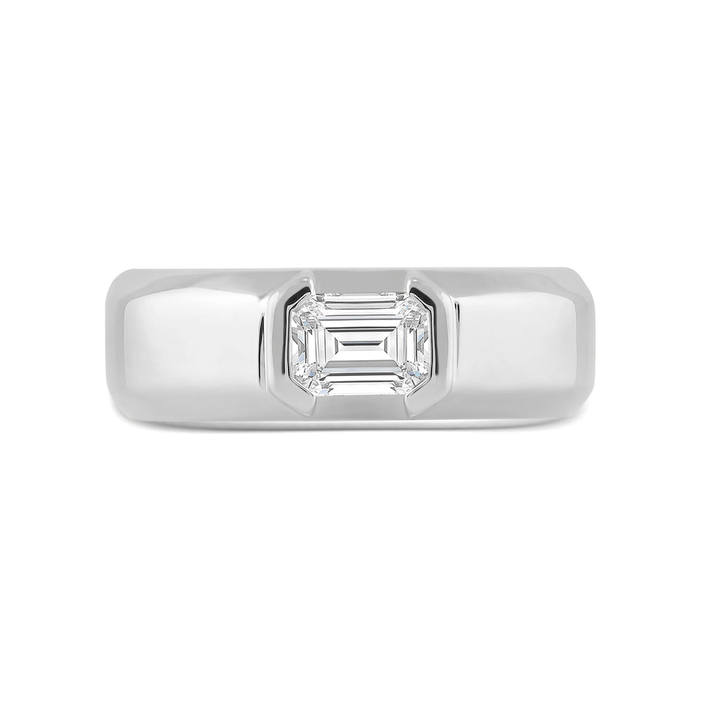 Half Bezel East West Emerald Diamond Men's Ring with 14KT White Gold / Lab / 1 Cut Diamond in 14KT White Gold / Lab / 1 view 1
