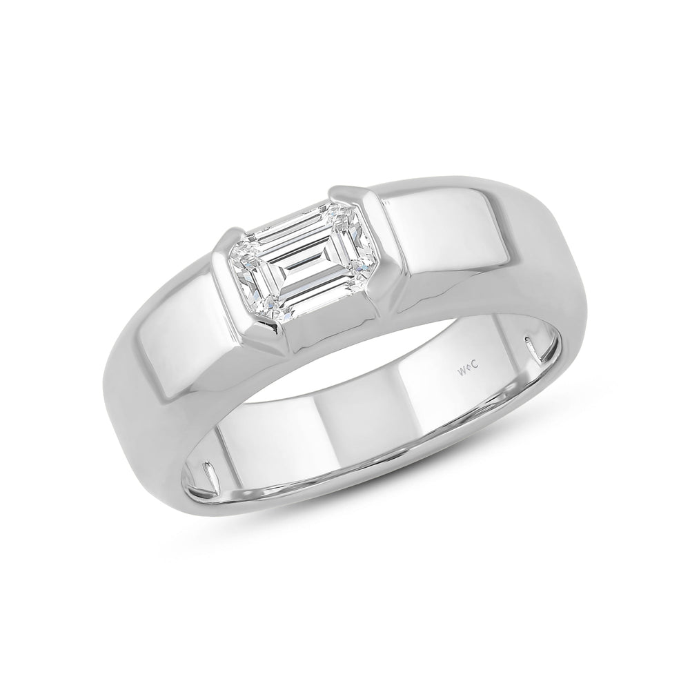 Half Bezel East West Emerald Diamond Men's Ring with 14KT White Gold / Lab / 1 Cut Diamond in 14KT White Gold / Lab / 1 view 3

