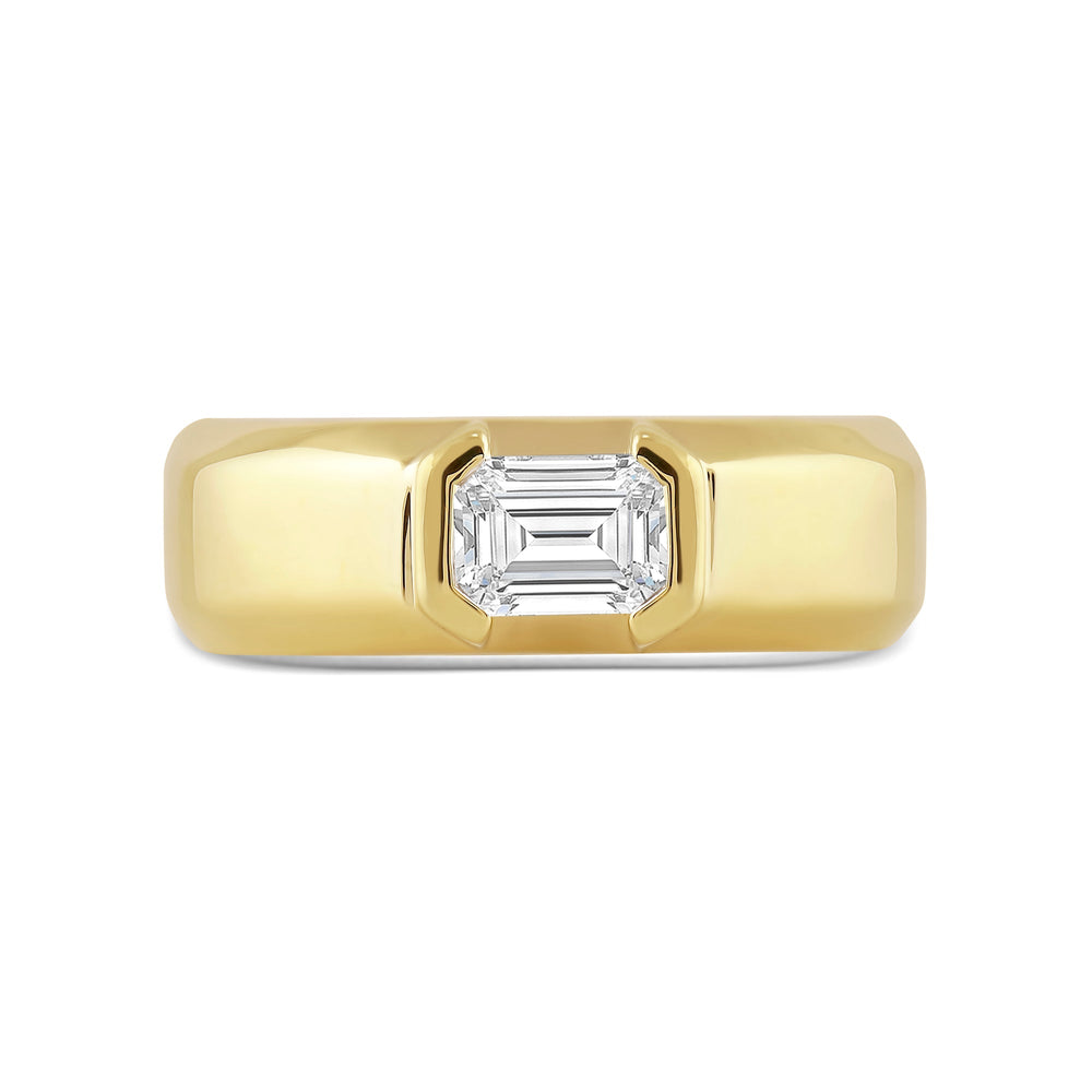 Half Bezel East West Emerald Diamond Men's Ring with 14KT Yellow Gold / Lab / 1 Cut Diamond in 14KT Yellow Gold / Lab / 1 view 1
