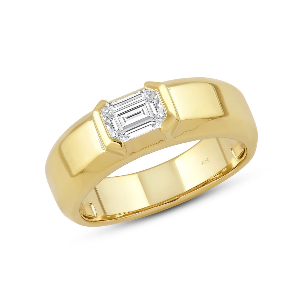 Half Bezel East West Emerald Diamond Men's Ring with 14KT Yellow Gold / Lab / 1 Cut Diamond in 14KT Yellow Gold / Lab / 1 view 3
