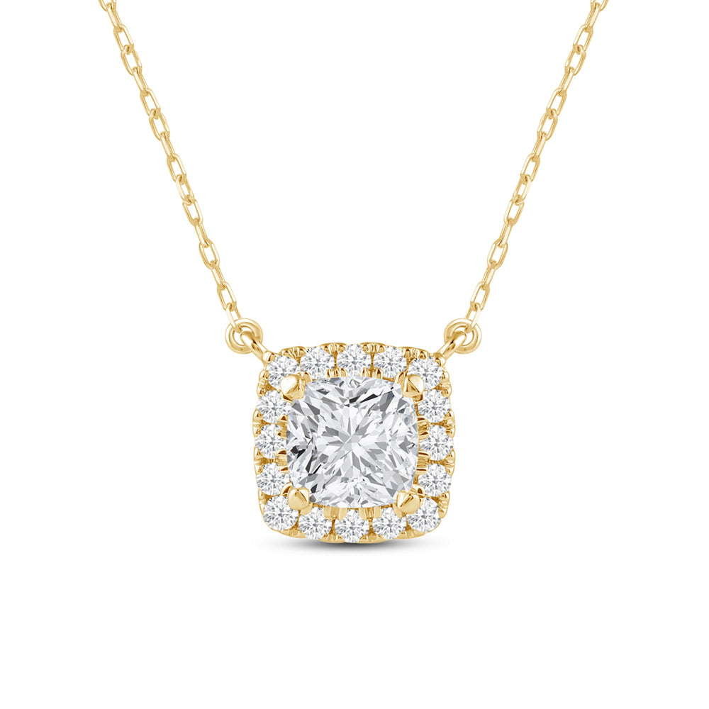 Halo Cushion Lab Created Diamond Necklace with 14KT Yellow Gold / Lab / 3/4 Cut Diamond in 14KT Yellow Gold / Lab / 3/4 view 4
