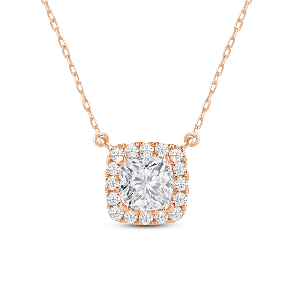 Halo Cushion Lab Created Diamond Necklace with 14KT Rose Gold / Lab / 3/4 Cut Diamond in 14KT Rose Gold / Lab / 3/4 view 4
