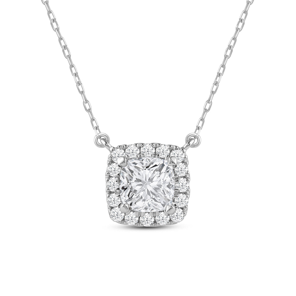 Halo Cushion Lab Created Diamond Necklace with 14KT White Gold / Lab / 3/4 Cut Diamond in 14KT White Gold / Lab / 3/4 view 4
