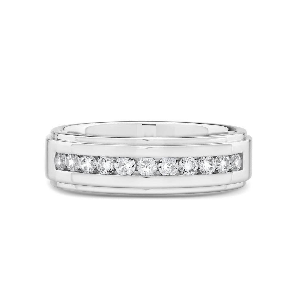 Channel Set Stepped Edge Classic Mens Band with Jan Cut Diamond in 14KT White Gold / Lab / 02 view 1
