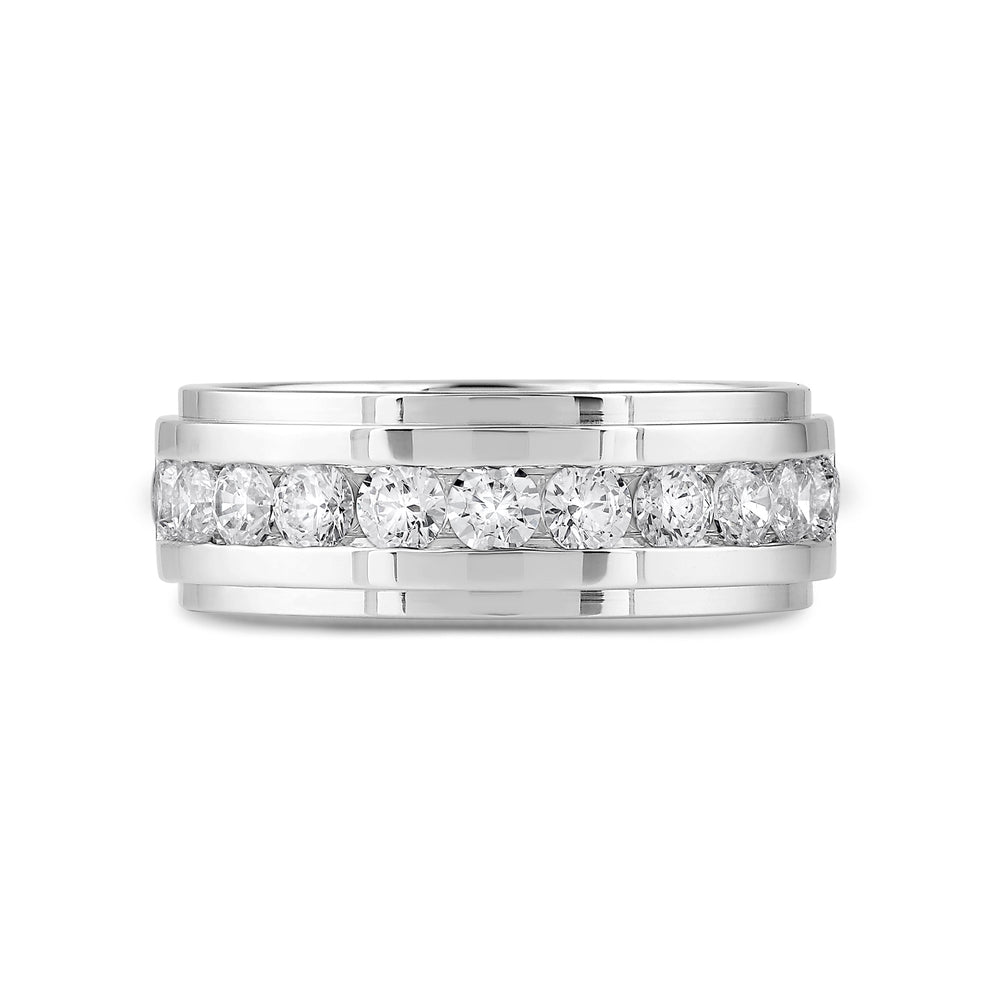 Channel Set Stepped Edge Classic Mens Band with 14KT White Gold / Lab / 1 1/2 Cut Diamond in 14KT White Gold / Lab / 1 1/2 view 1
