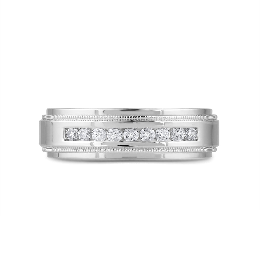 Channel Set Milgrain Stepped Edge Classic Mens Band with Jan Cut Diamond in 14KT White Gold / Lab / 04 view 1
