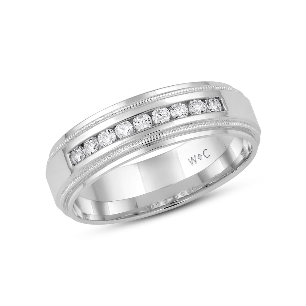 Channel Set Milgrain Stepped Edge Classic Mens Band with Jan Cut Diamond in 14KT White Gold / Lab / 04 view 2

