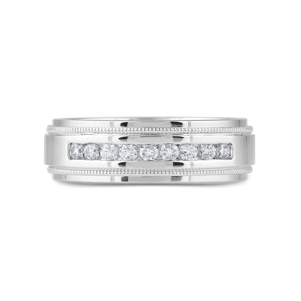 Channel Set Milgrain Stepped Edge Classic Mens Band with Jan Cut Diamond in 14KT White Gold / Lab / 03 view 1
