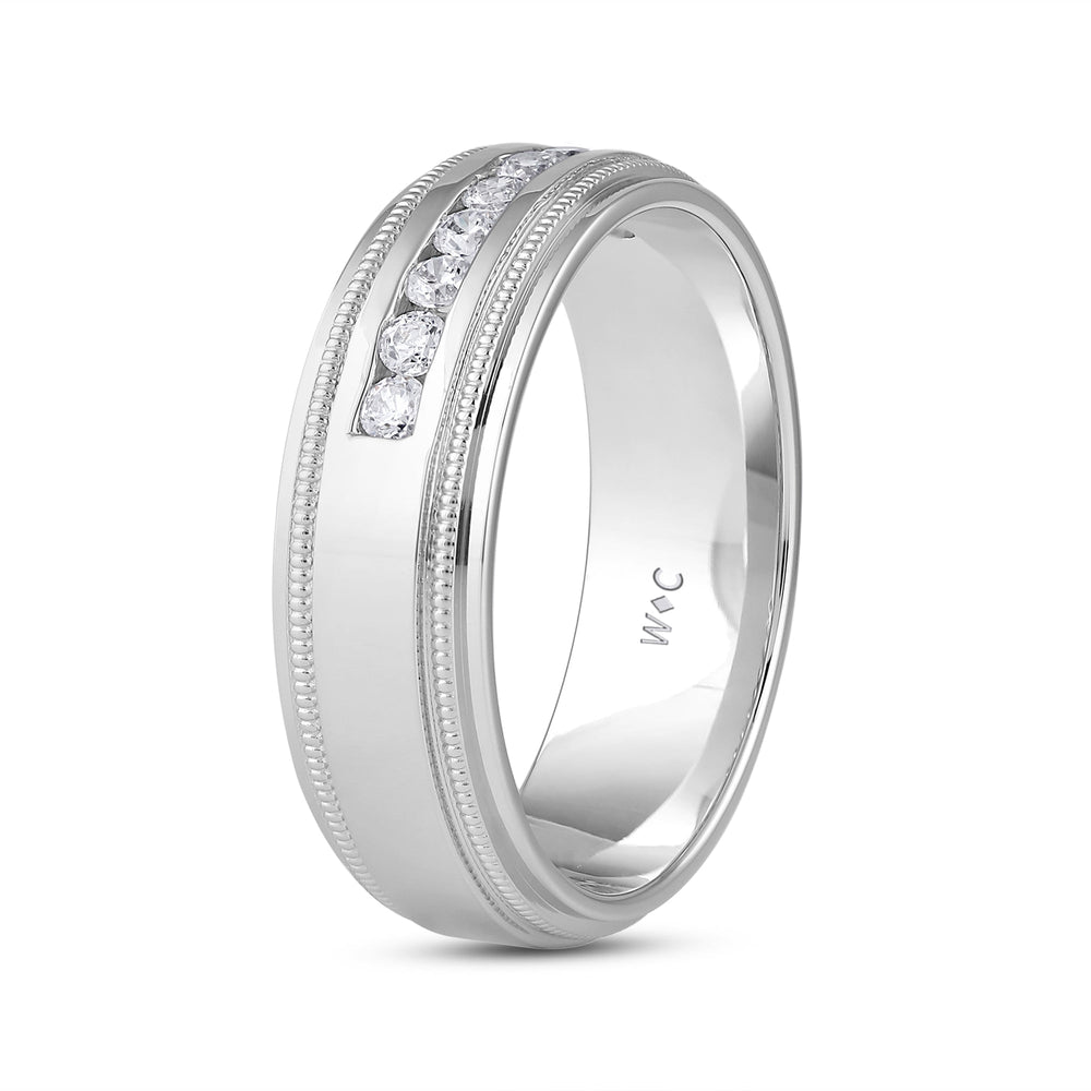 Channel Set Milgrain Stepped Edge Classic Mens Band with Jan Cut Diamond in 14KT White Gold / Lab / 03 view 3

