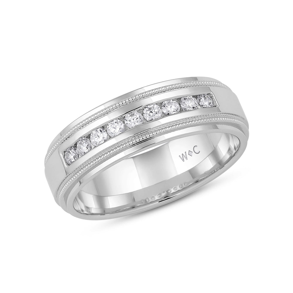 Channel Set Milgrain Stepped Edge Classic Mens Band with Jan Cut Diamond in 14KT White Gold / Lab / 03 view 2
