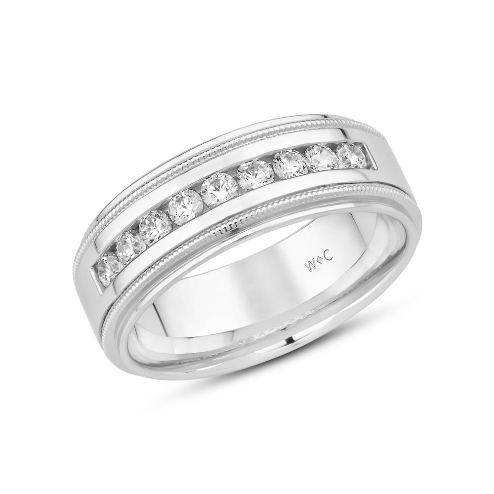 Channel Set Milgrain Stepped Edge Classic Mens Band with Jan Cut Diamond in 14KT White Gold / Lab / 02 view 2
