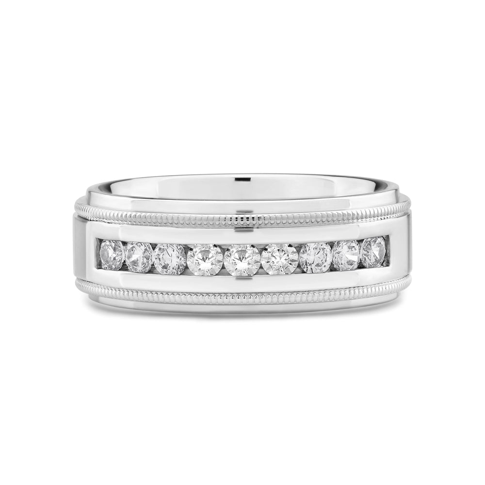 Channel Set Milgrain Stepped Edge Classic Mens Band with Jan Cut Diamond in 14KT White Gold / Lab / 02 view 1
