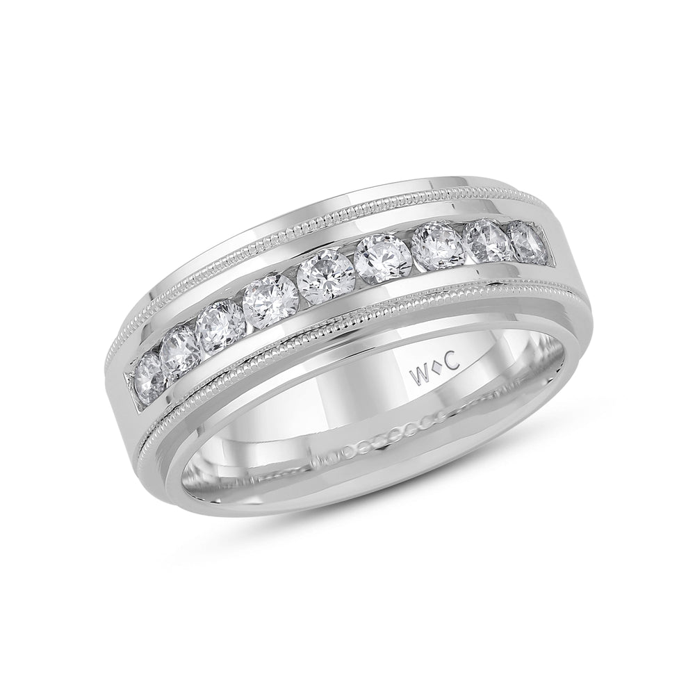 Channel Set Milgrain Stepped Edge Classic Mens Band with Mar Cut Diamond in 14KT White Gold / Lab / 04 view 2
