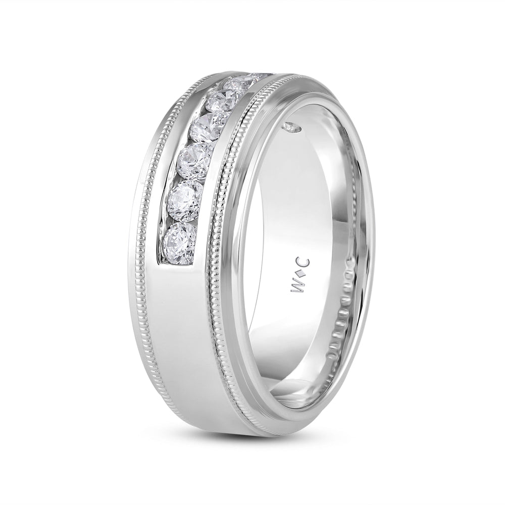 Channel Set Milgrain Stepped Edge Classic Mens Band with Mar Cut Diamond in 14KT White Gold / Lab / 04 view 3
