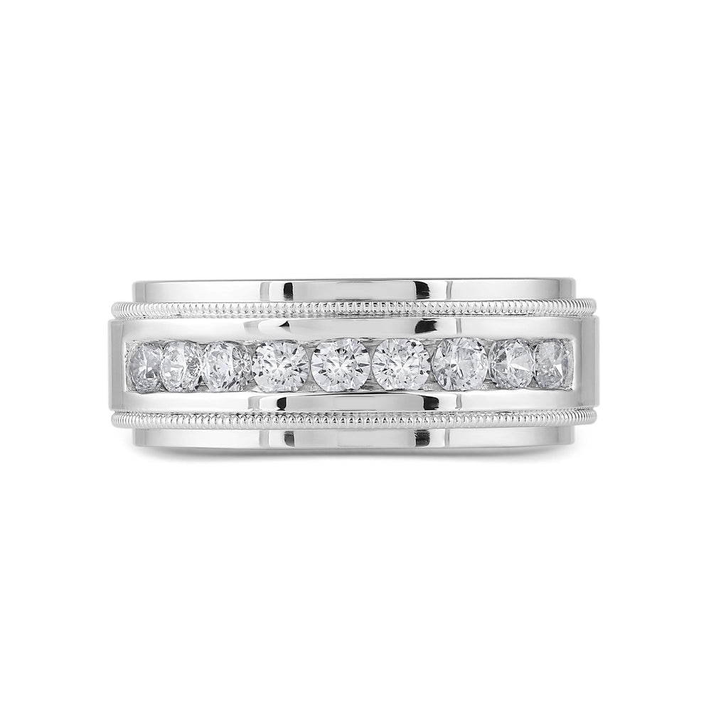 Channel Set Milgrain Stepped Edge Classic Mens Band with Mar Cut Diamond in 14KT White Gold / Lab / 04 view 1

