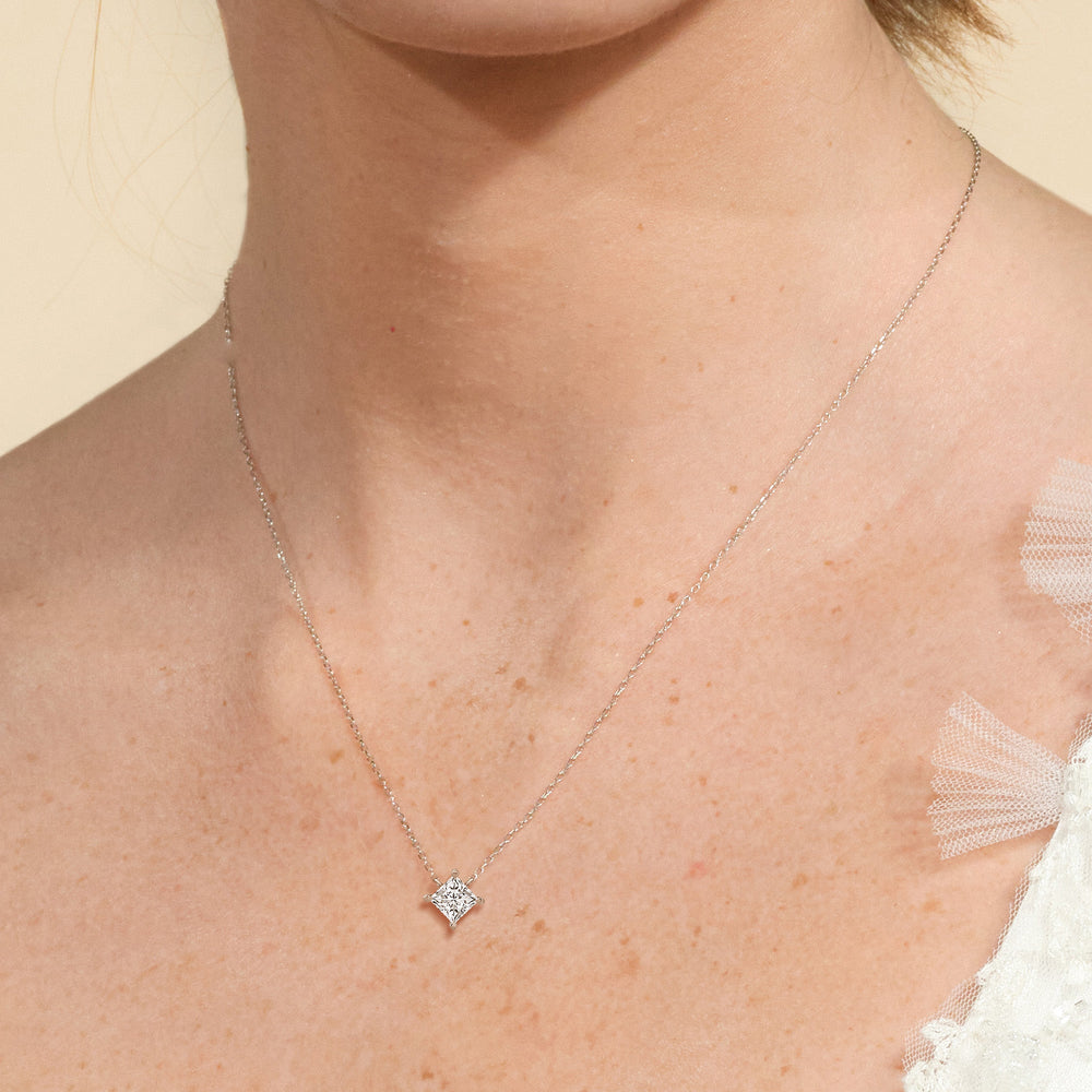 4 Prong Kite Set Lab Created Diamond Princess Solitaire Necklace with 14KT White Gold / Lab / 1 Cut Diamond in 14KT White Gold / Lab / 1 view 2
