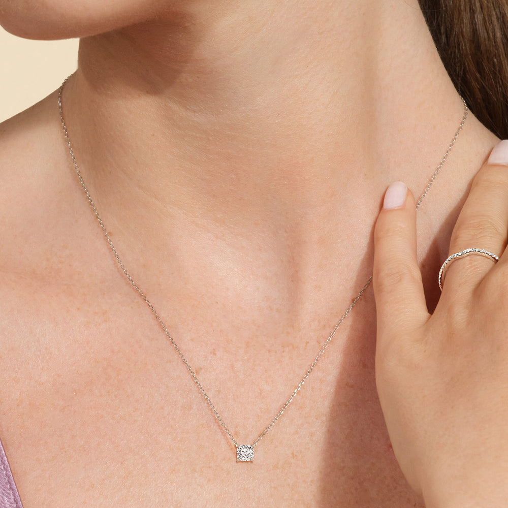4 Prong Basket Lab Created Diamond Cushion Solitaire Necklace with Lab Cut Diamond in 14KT White Gold view 2
