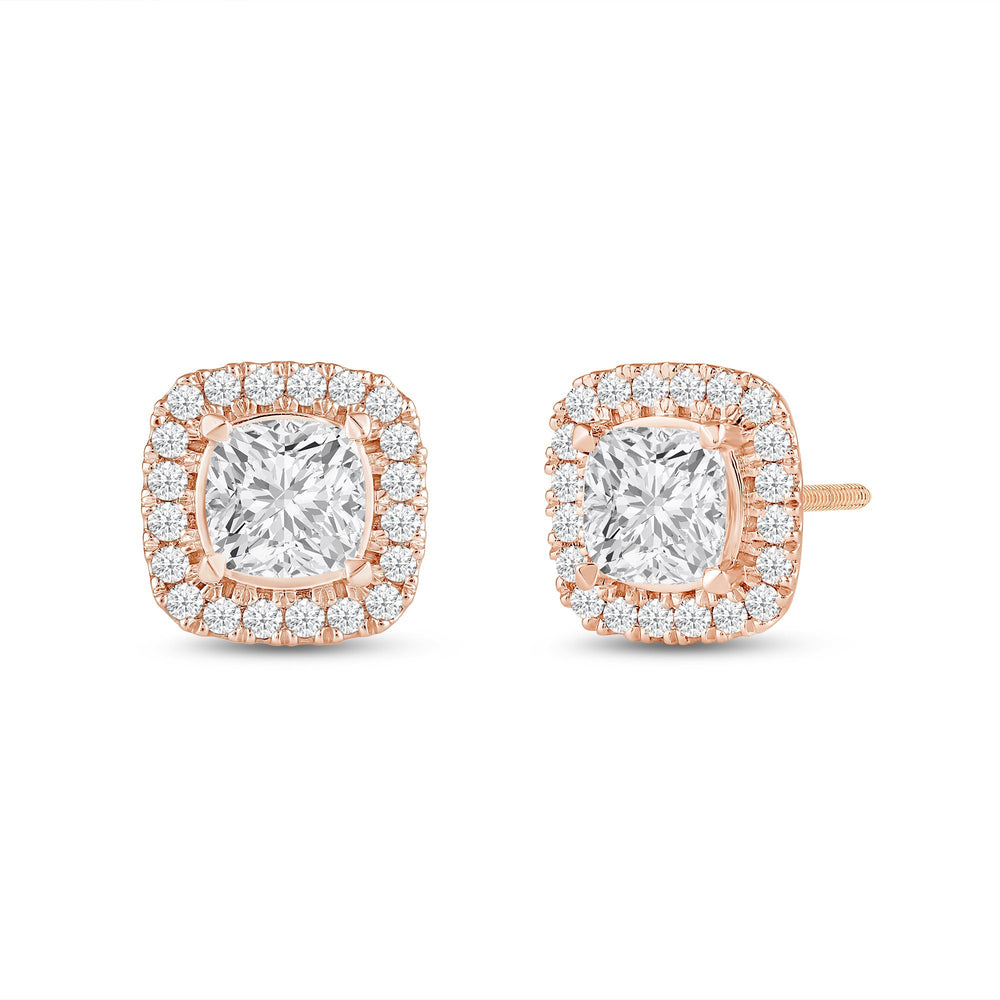 Cushion Diamond Halo Earrings with 14KT Rose Gold / Lab / 3 1/2 Cut Diamond in 14KT Rose Gold / Lab / 3 1/2 view 1
