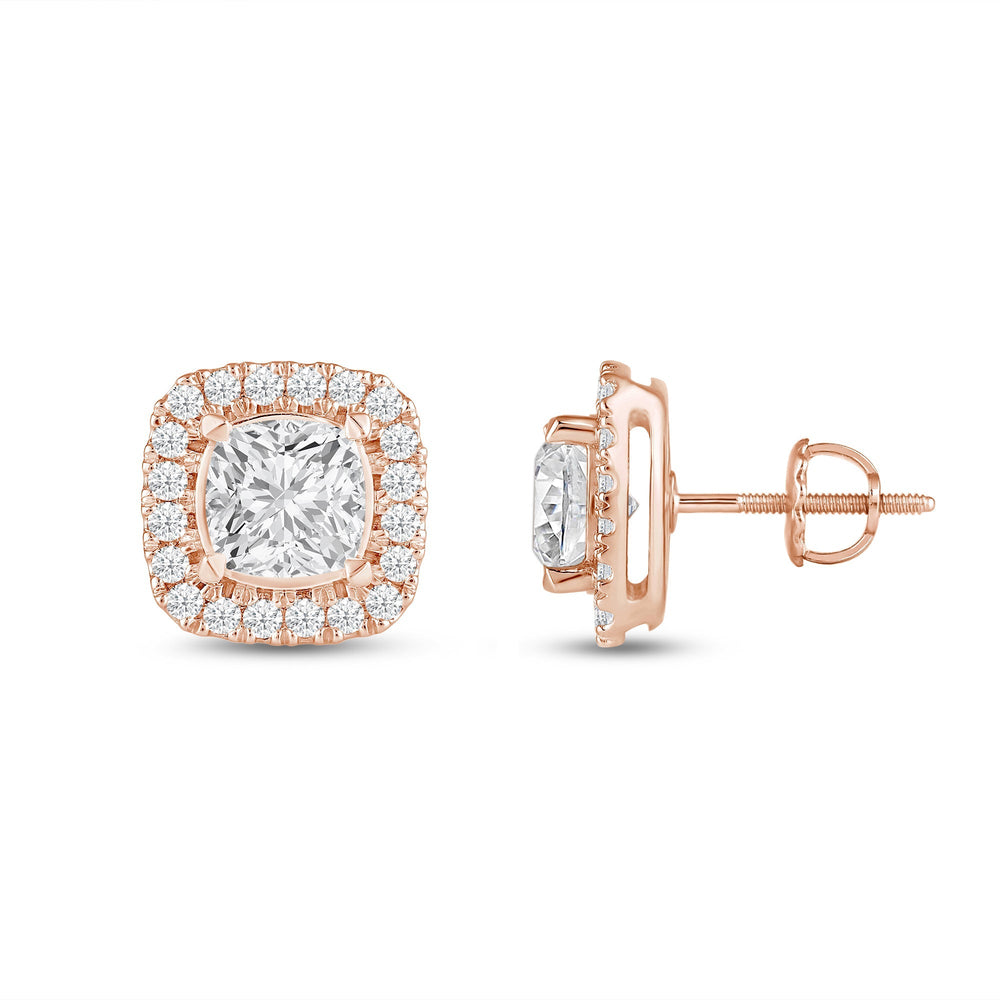Cushion Diamond Halo Earrings with 14KT Rose Gold / Lab / 3 1/2 Cut Diamond in 14KT Rose Gold / Lab / 3 1/2 view 5
