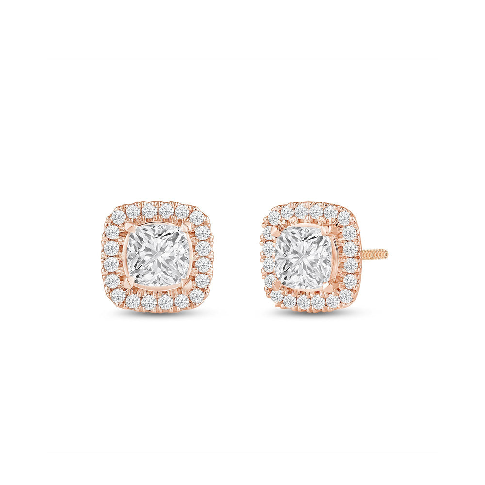 Cushion Diamond Halo Earrings with 14KT Rose Gold / Lab / 1 1/4 Cut Diamond in 14KT Rose Gold / Lab / 1 1/4 view 1
