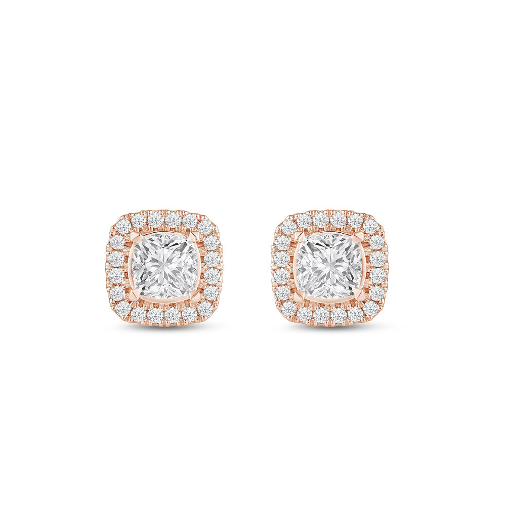 Cushion Diamond Halo Earrings with 14KT Rose Gold / Lab / 1 1/4 Cut Diamond in 14KT Rose Gold / Lab / 1 1/4 view 4
