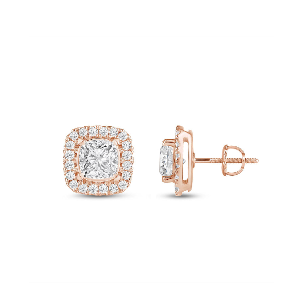 Cushion Diamond Halo Earrings with 14KT Rose Gold / Lab / 1 1/4 Cut Diamond in 14KT Rose Gold / Lab / 1 1/4 view 5
