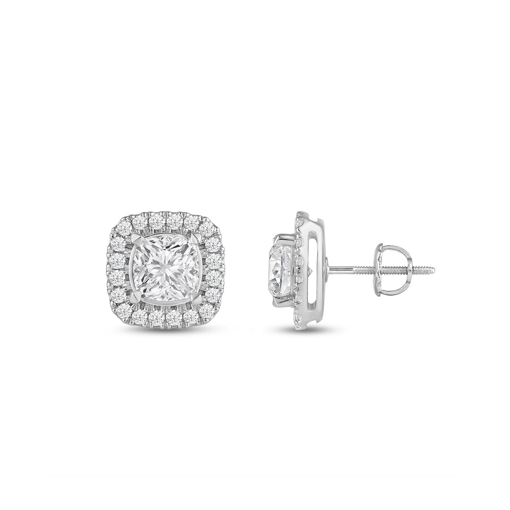 Cushion Diamond Halo Earrings with 14KT White Gold / Lab / 1 1/4 Cut Diamond in 14KT White Gold / Lab / 1 1/4 view 5
