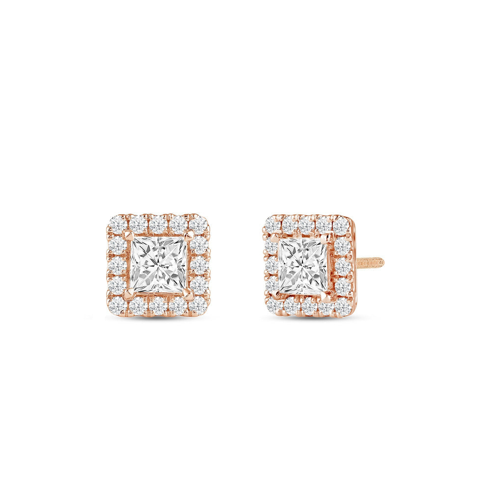 Princess Diamond Halo Earrings with 14KT Rose Gold / Lab / 1 1/3 Cut Diamond in 14KT Rose Gold / Lab / 1 1/3 view 1
