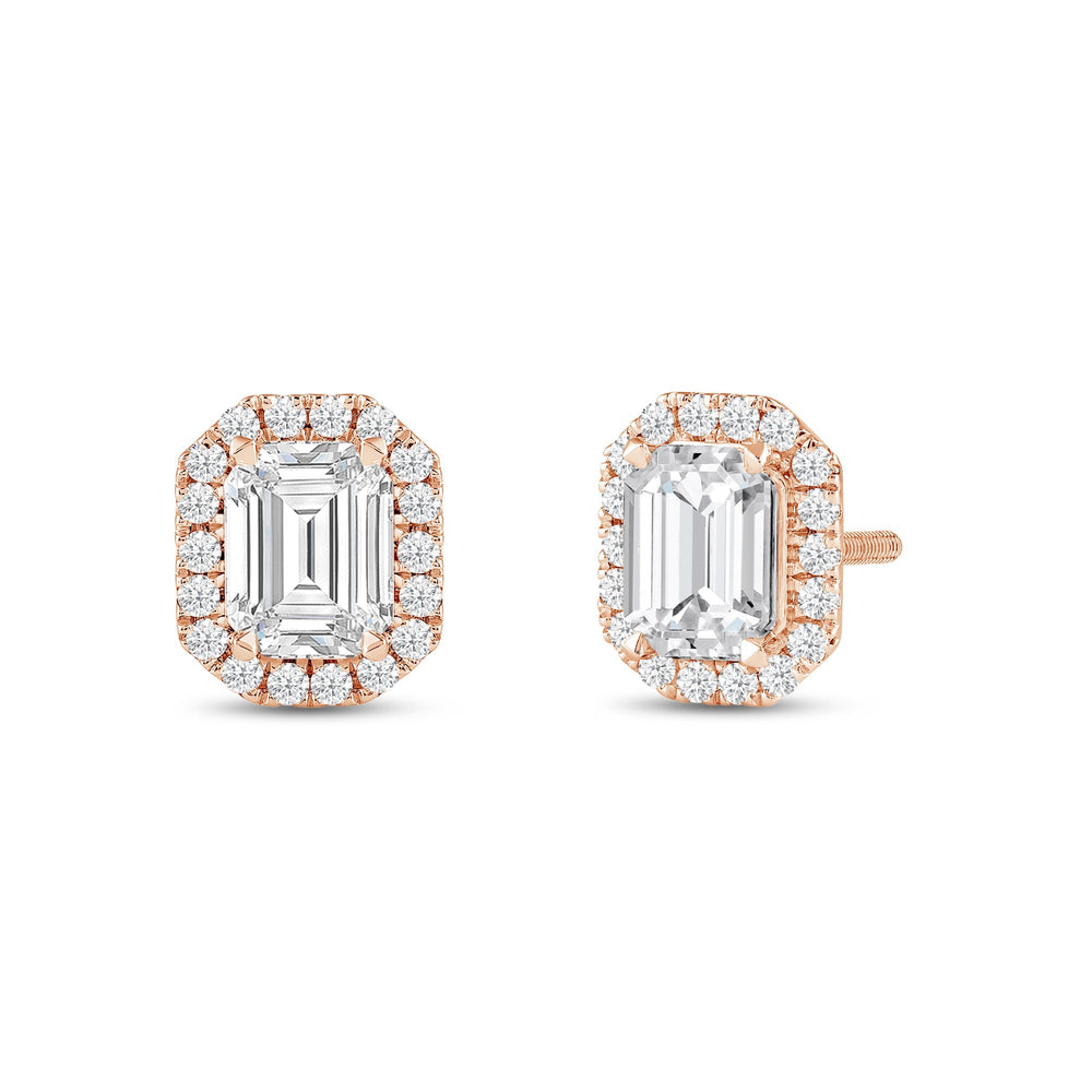 Emerald Diamond Halo Earrings with 14KT Rose Gold / Lab / 4 3/4 Cut Diamond in 14KT Rose Gold / Lab / 4 3/4 view 1
