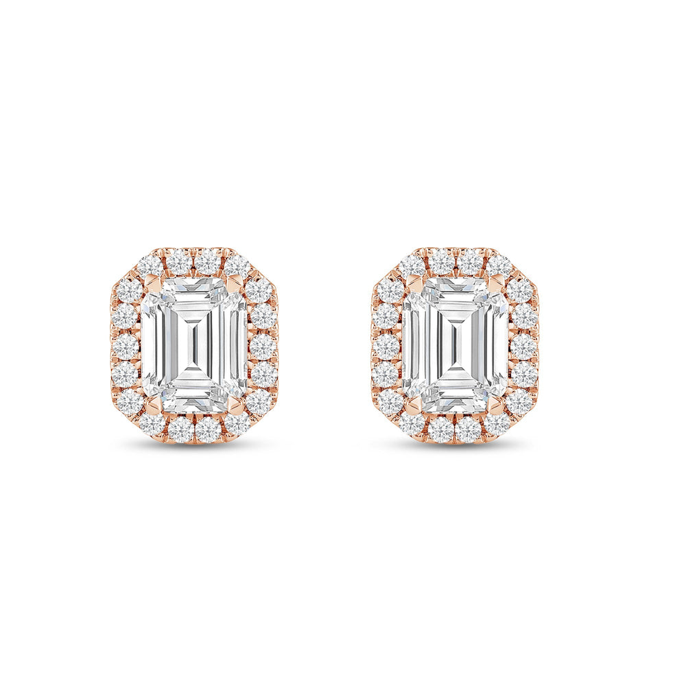 Emerald Diamond Halo Earrings with 14KT Rose Gold / Lab / 4 3/4 Cut Diamond in 14KT Rose Gold / Lab / 4 3/4 view 4
