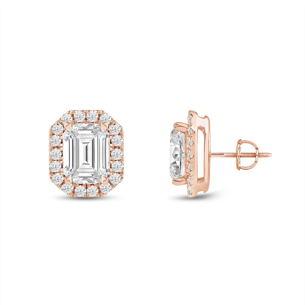 Emerald Diamond Halo Earrings with 14KT Rose Gold / Lab / 4 3/4 Cut Diamond in 14KT Rose Gold / Lab / 4 3/4 view 5
