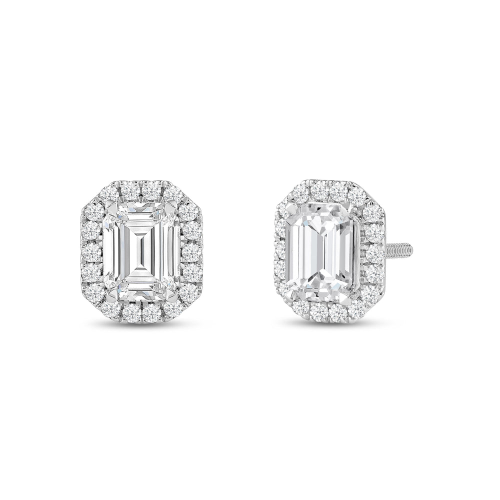 Emerald Diamond Halo Earrings with 14KT White Gold / Lab / 4 3/4 Cut Diamond in 14KT White Gold / Lab / 4 3/4 view 1
