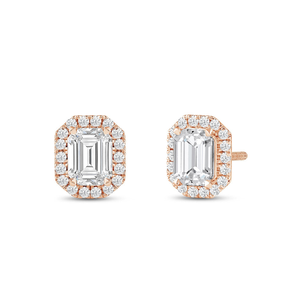 Emerald Diamond Halo Earrings with 14KT Rose Gold / Lab / 3 1/2 Cut Diamond in 14KT Rose Gold / Lab / 3 1/2 view 1
