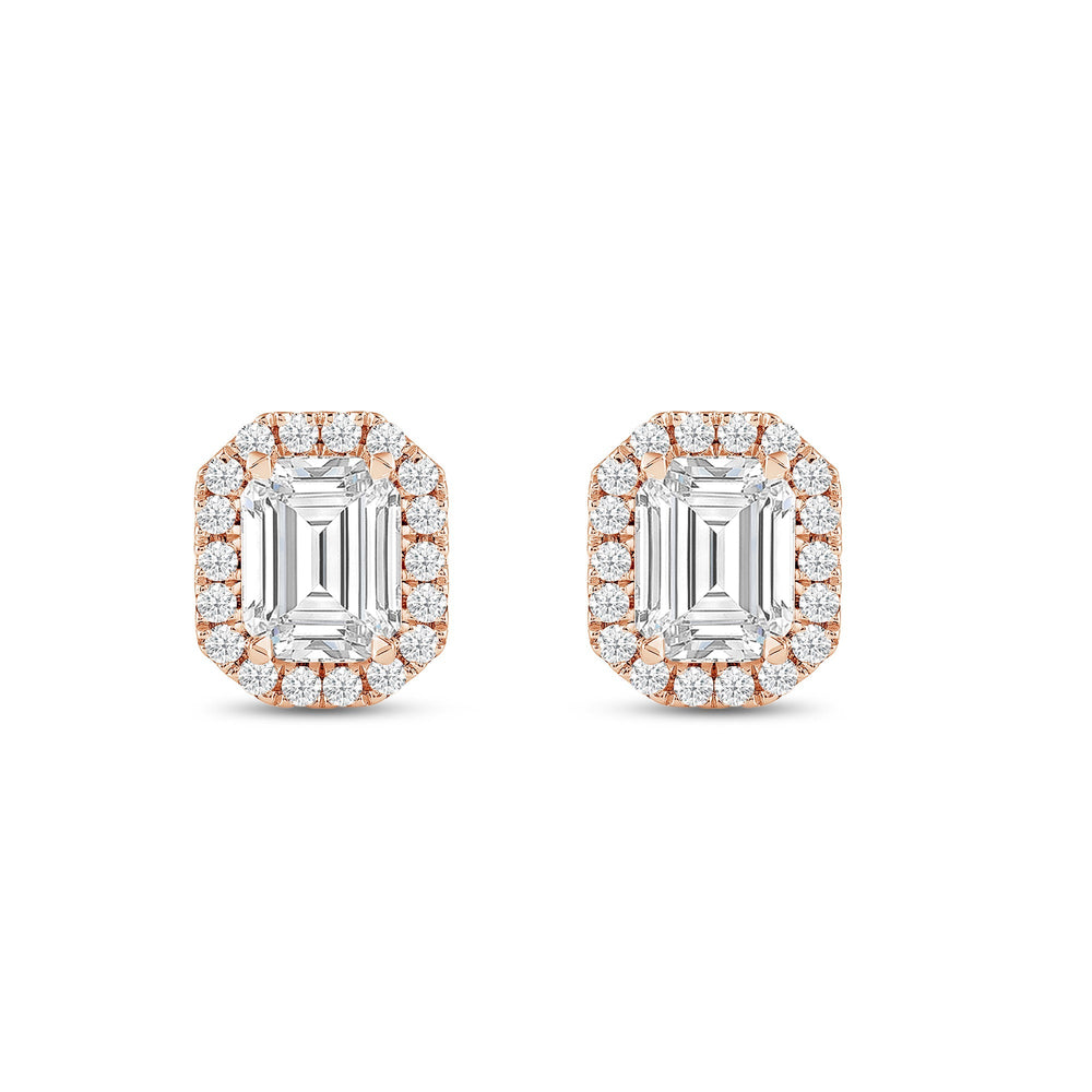 Emerald Diamond Halo Earrings with 14KT Rose Gold / Lab / 3 1/2 Cut Diamond in 14KT Rose Gold / Lab / 3 1/2 view 4
