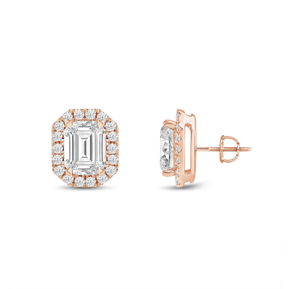 Emerald Diamond Halo Earrings with 14KT Rose Gold / Lab / 3 1/2 Cut Diamond in 14KT Rose Gold / Lab / 3 1/2 view 5
