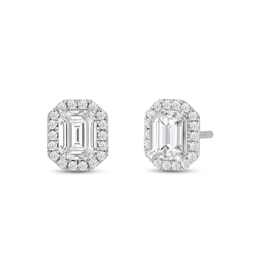Emerald Diamond Halo Earrings with 14KT White Gold / Lab / 3 1/2 Cut Diamond in 14KT White Gold / Lab / 3 1/2 view 1
