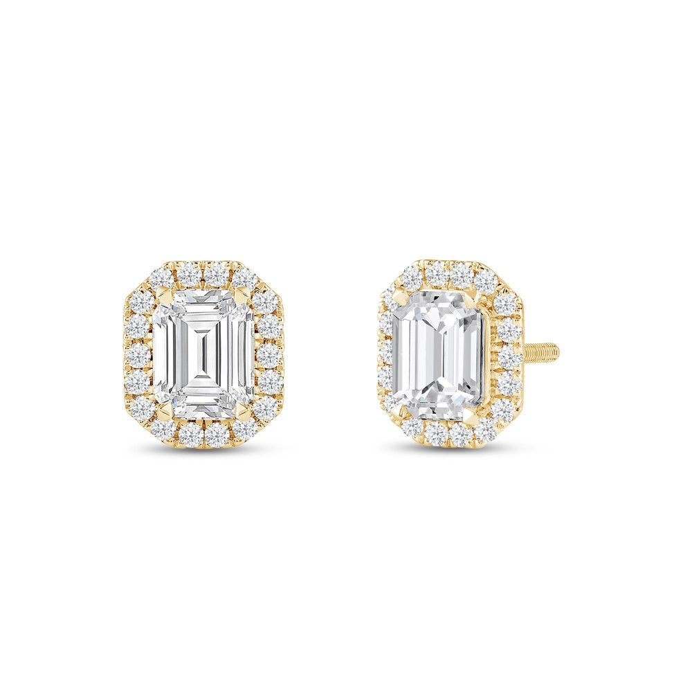 Emerald Diamond Halo Earrings with 14KT Yellow Gold / Lab / 3 1/2 Cut Diamond in 14KT Yellow Gold / Lab / 3 1/2 view 1
