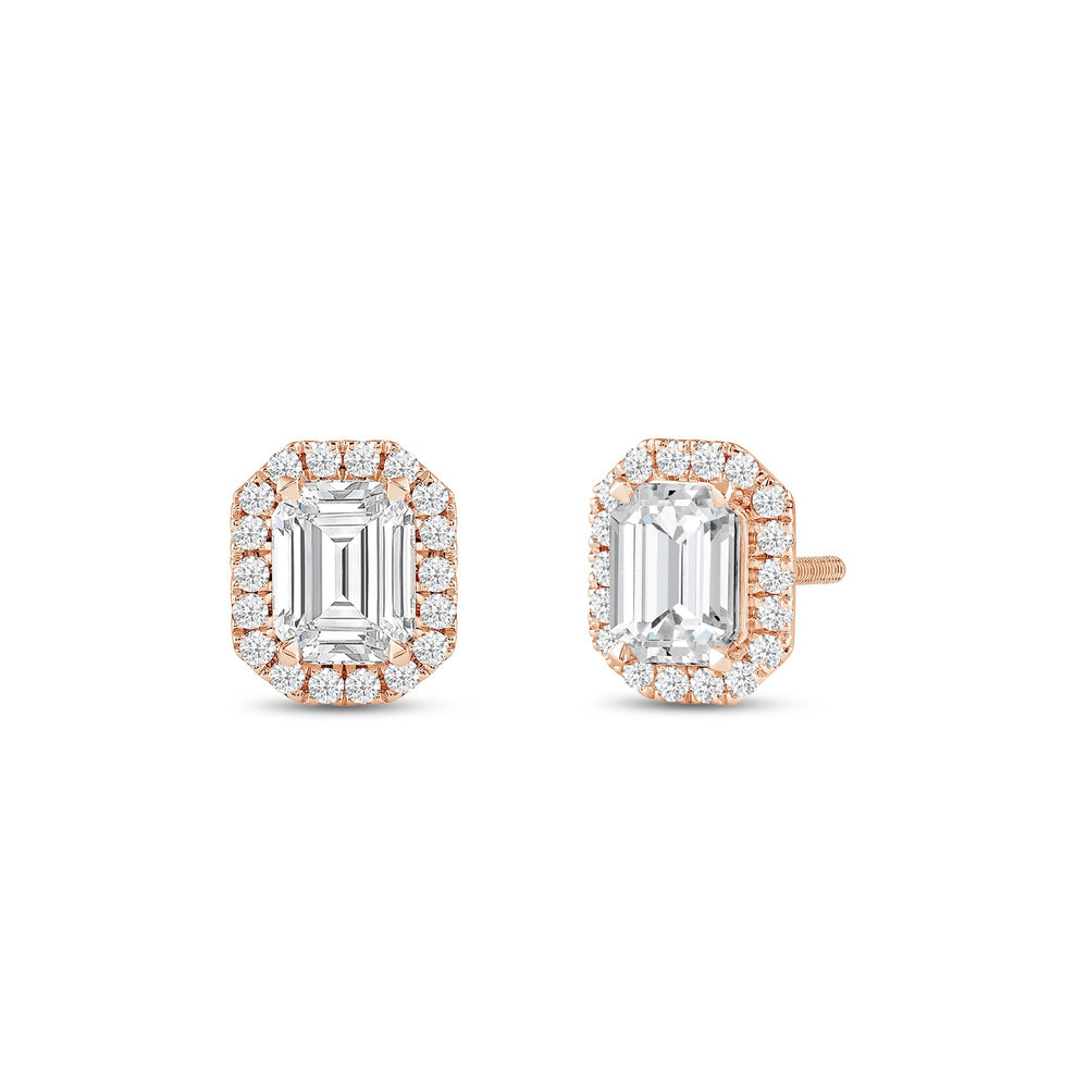 Emerald Diamond Halo Earrings with 14KT Rose Gold / Lab / 1 1/4 Cut Diamond in 14KT Rose Gold / Lab / 1 1/4 view 1
