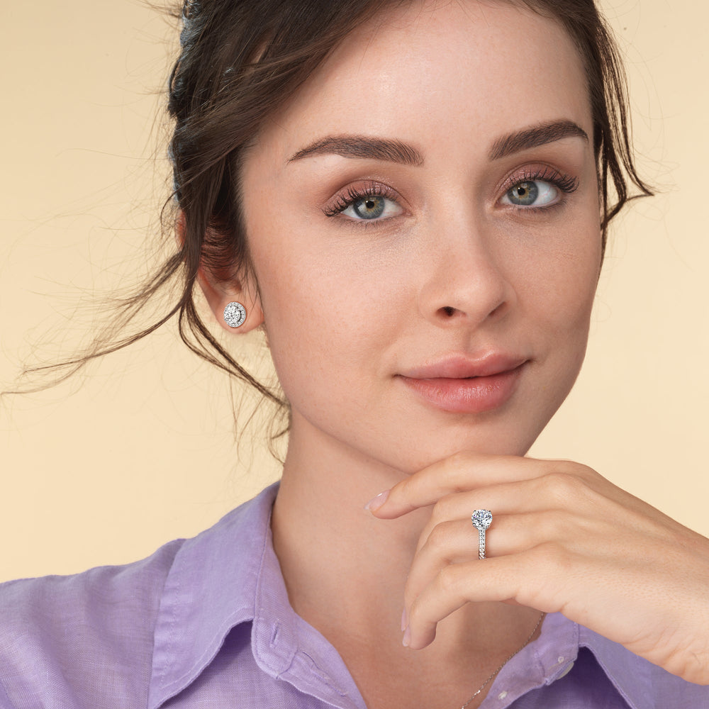Round Diamond Halo Earrings with 14KT White Gold / Lab / 3 1/2 Cut Diamond in 14KT White Gold / Lab / 3 1/2 view 2
