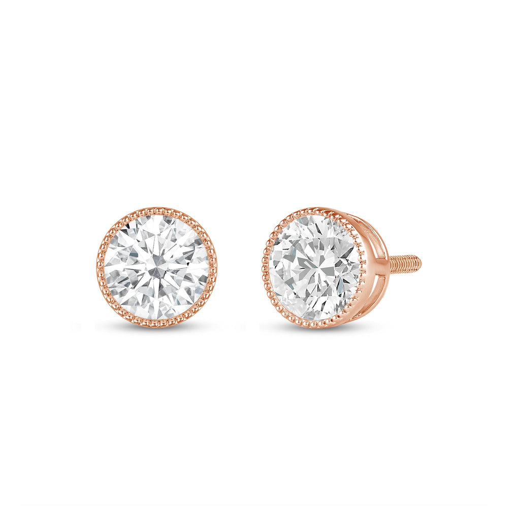 Round Diamond Milgrain Solitaire Stud Earrings with 14KT Rose Gold / Lab / 3 Cut Diamond in 14KT Rose Gold / Lab / 3 view 1
