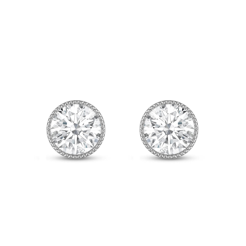 Round Diamond Milgrain Solitaire Stud Earrings with 14KT White Gold / Lab / 3 Cut Diamond in 14KT White Gold / Lab / 3 view 4

