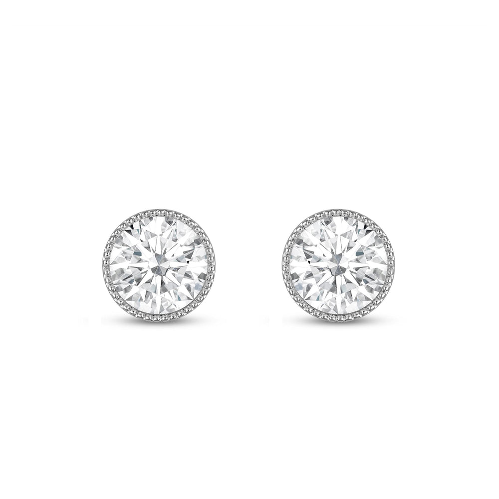 Round Diamond Milgrain Solitaire Stud Earrings with 14KT White Gold / Lab / 2 Cut Diamond in 14KT White Gold / Lab / 2 view 4
