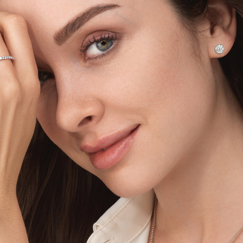 Round Diamond Milgrain Solitaire Stud Earrings with 14KT White Gold / Lab / 2 Cut Diamond in 14KT White Gold / Lab / 2 view 2
