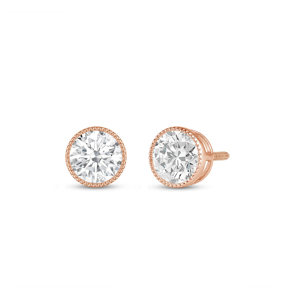 Round Diamond Milgrain Solitaire Stud Earrings with 14KT Rose Gold / Lab / 1 Cut Diamond in 14KT Rose Gold / Lab / 1 view 1
