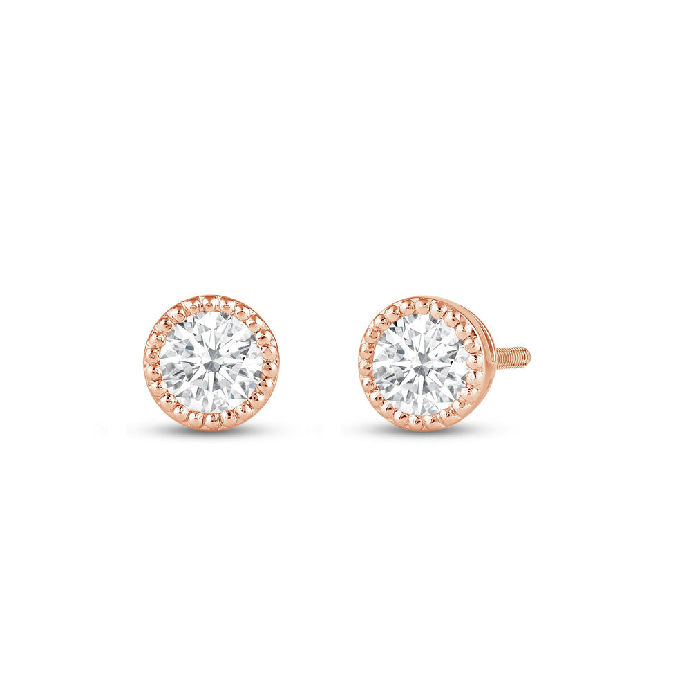 Round Diamond Milgrain Solitaire Stud Earrings with 14KT Rose Gold / Lab / 1/2 Cut Diamond in 14KT Rose Gold / Lab / 1/2 view 1
